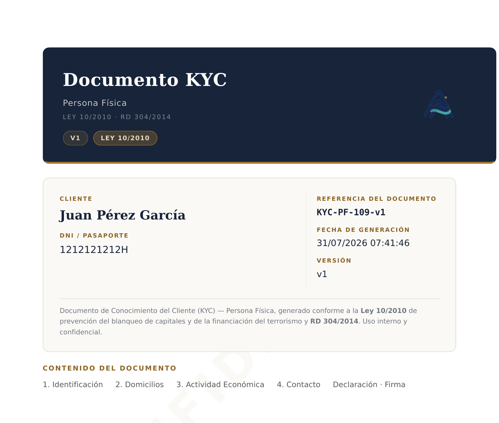 Documento KYC generado por SimplifiAML conforme a la Ley 10/2010 y el RD 304/2014