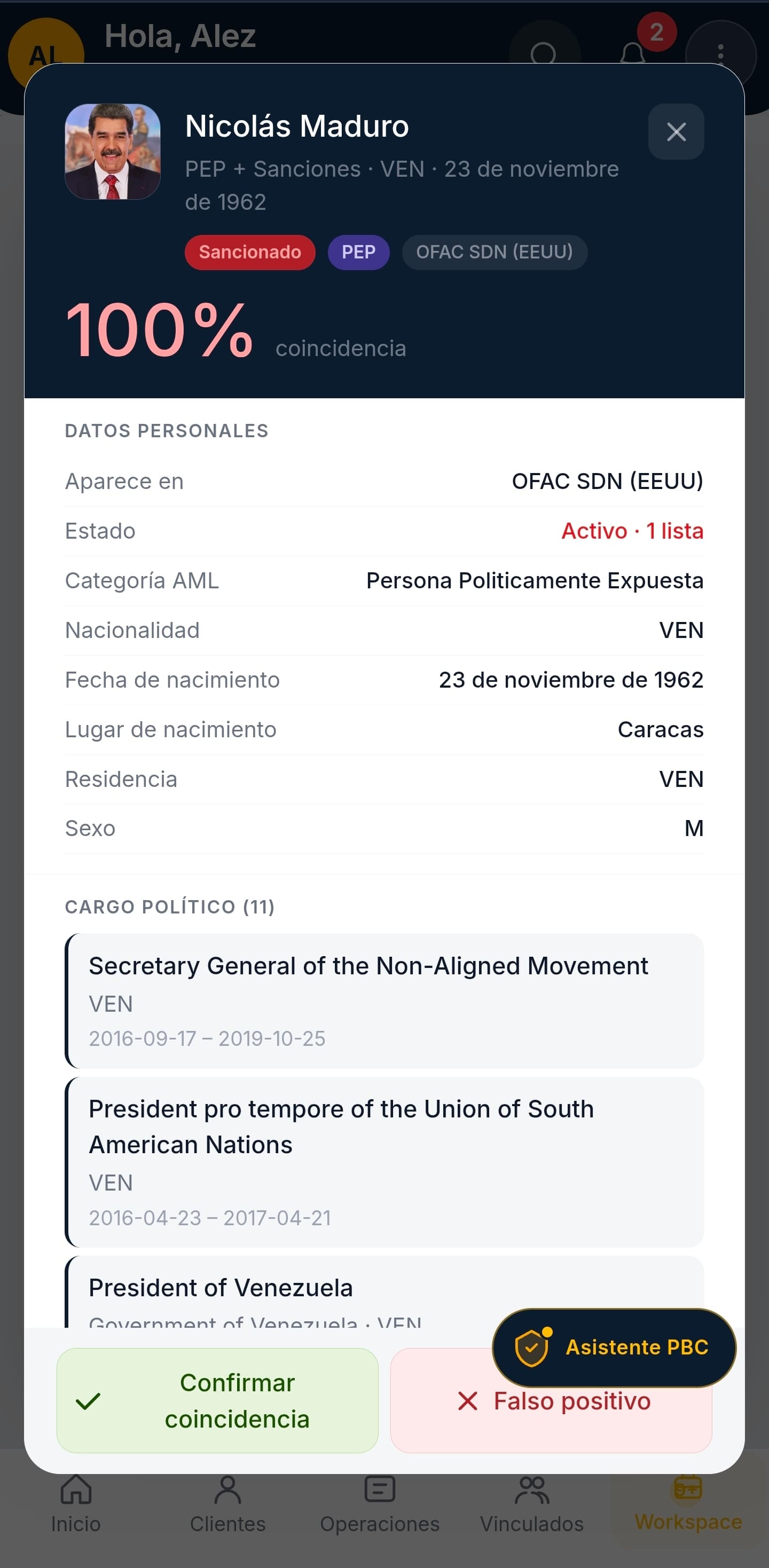 SimplifiAML móvil — Coincidencia detectada