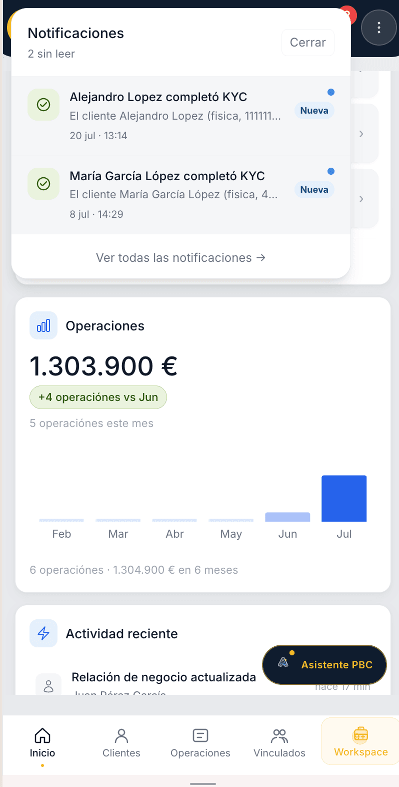 Avisos de KYC completados y actividad de la cartera en la app móvil de SimplifiAML