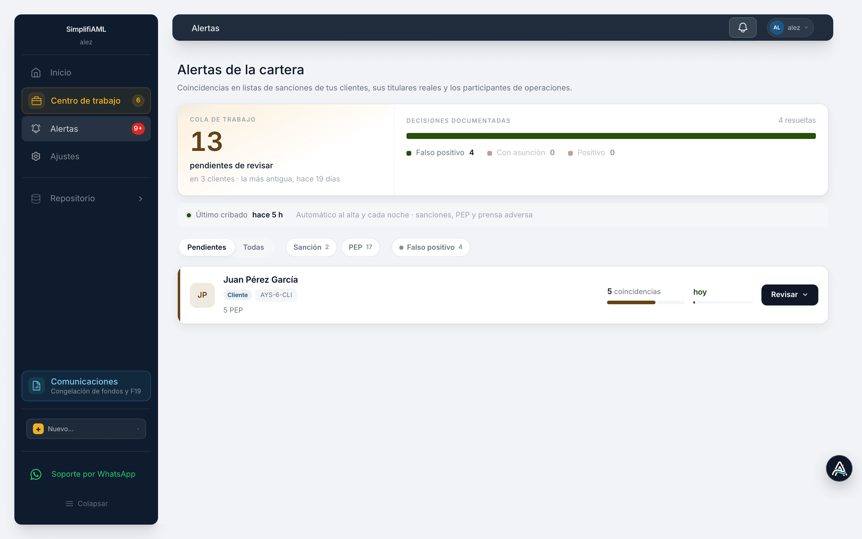 Portfolio alerts in SimplifiAML: work queue, documented decisions and automatic screening at onboarding and every night