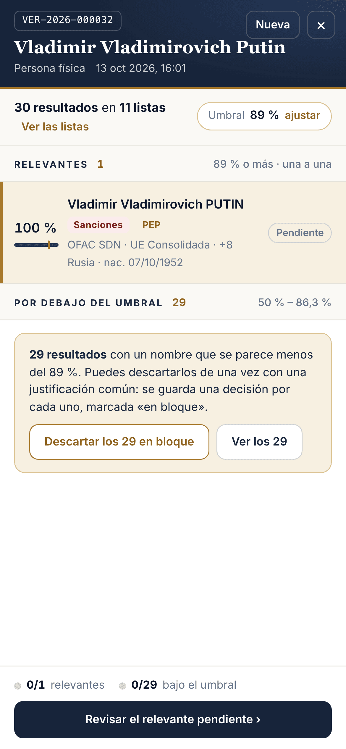 Verificación en listas desde el móvil: coincidencia del 100 % en sanciones y PEP