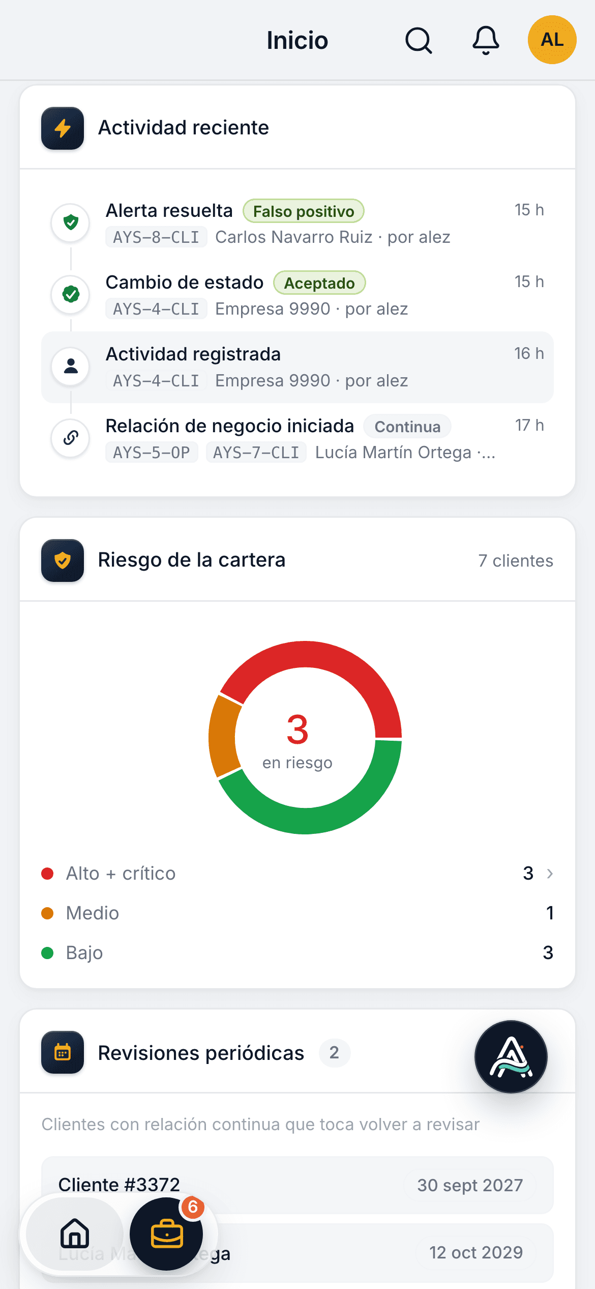 SimplifiAML mobile app: recent activity with an alert resolved as a false positive and the risk of the customer portfolio