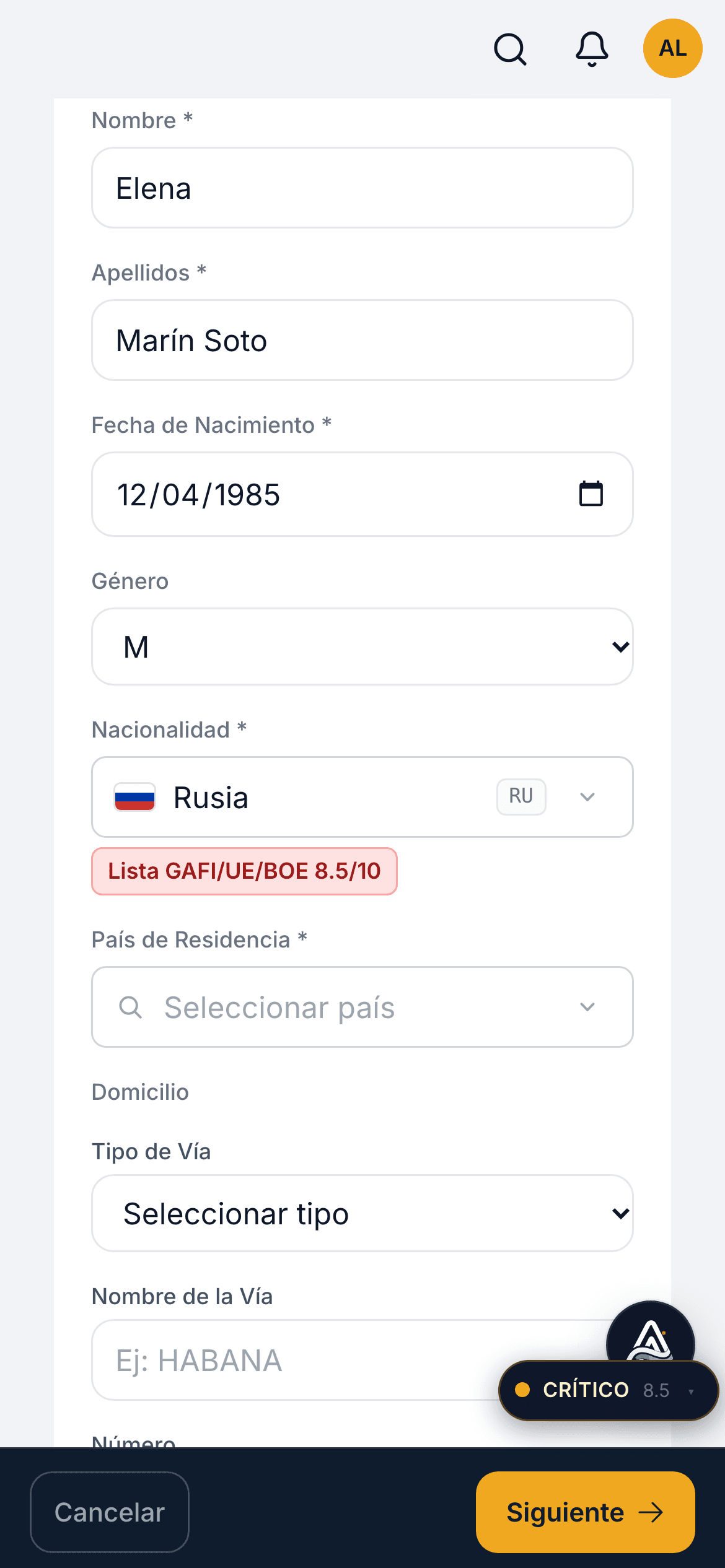 Onboarding a customer in SimplifiAML on mobile, with the nationality checked instantly