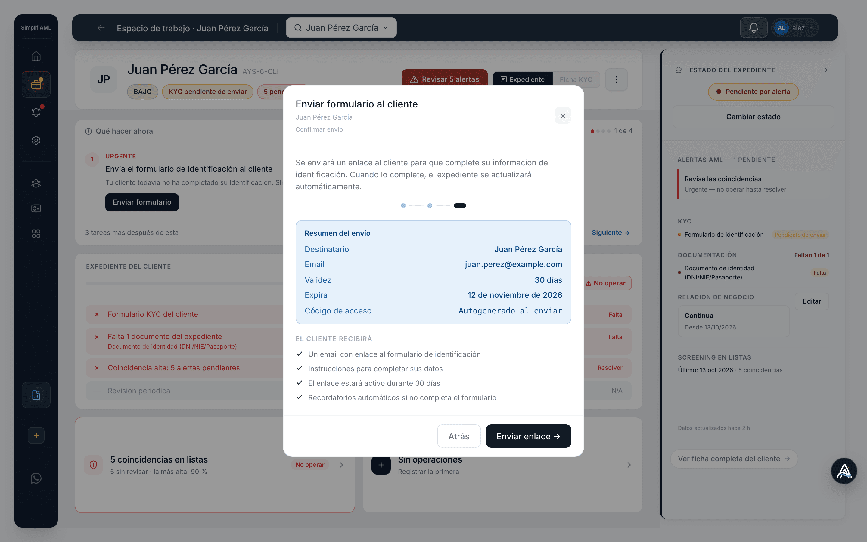 Sending the identification form to the customer: valid for 30 days, auto-generated access code and automatic reminders